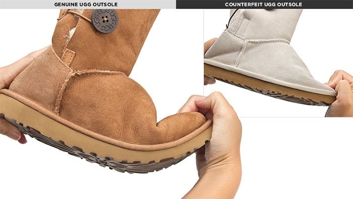 Authentic UGG boots feature the signature Treadlite sole, known for its flexibility, cushioning, and excellent traction on wet surfaces, while counterfeit soles are often rigid and less durable