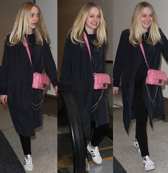 Dakota Fanning goes makeup-free and wears her blonde hair down at LAX