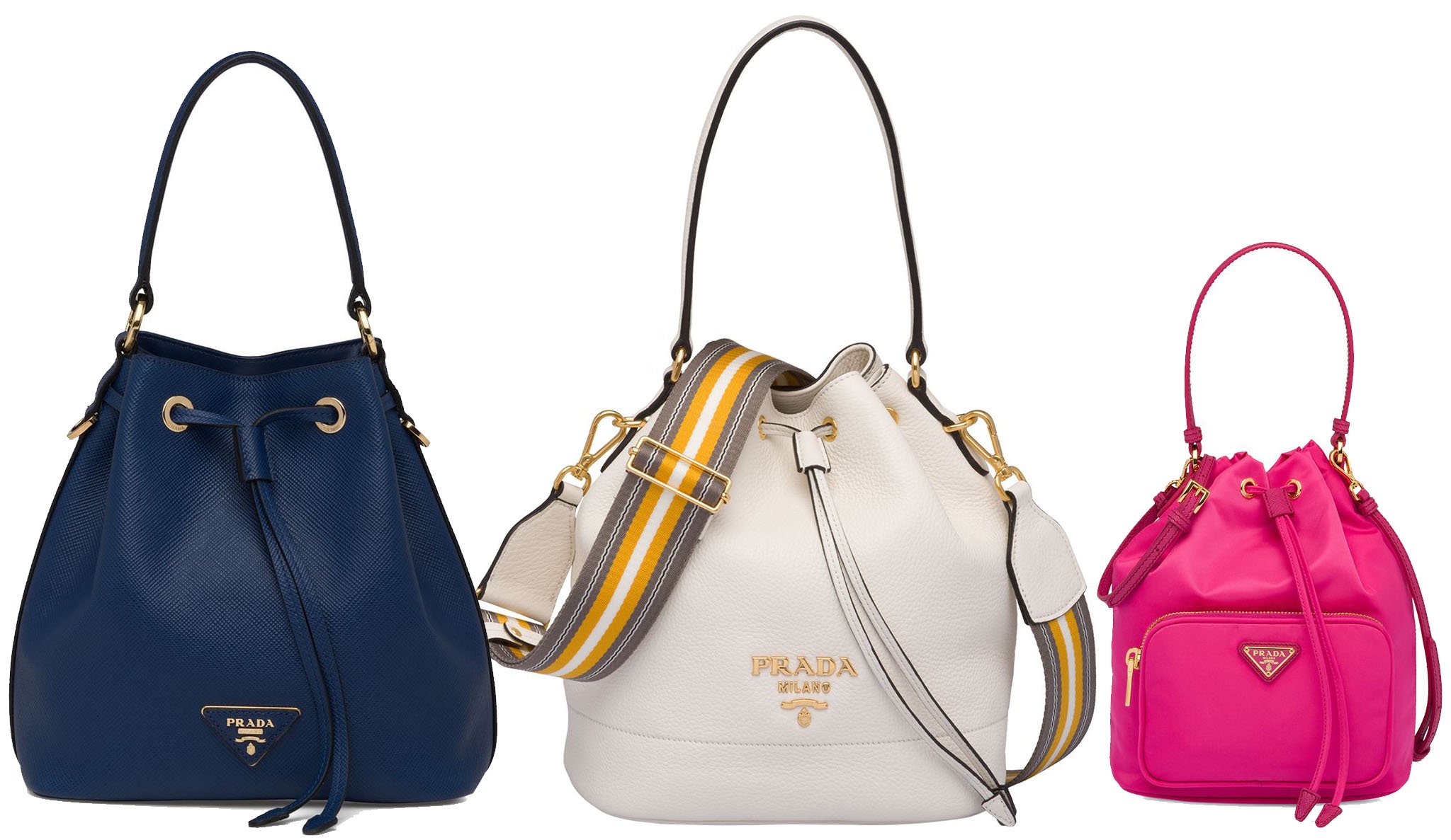 Prada Bucket bags in blue saffiano, white calf leather, and pink technical nylon