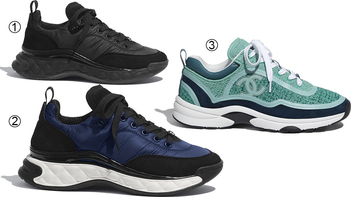 Chanel's take on chunky sneakers: Black, Navy Blue, and Green & Turquoise Tweed & Suede Calfskin, combining Parisian chic with modern trends