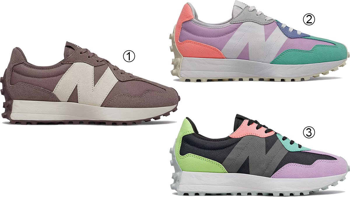 New Balance's 327 series: Black Fig with Sea Salt, Dark Violet with Summer Jade, and Black with Dark Violet sneakers, offering a perfect blend of style and comfort with a '90s touch