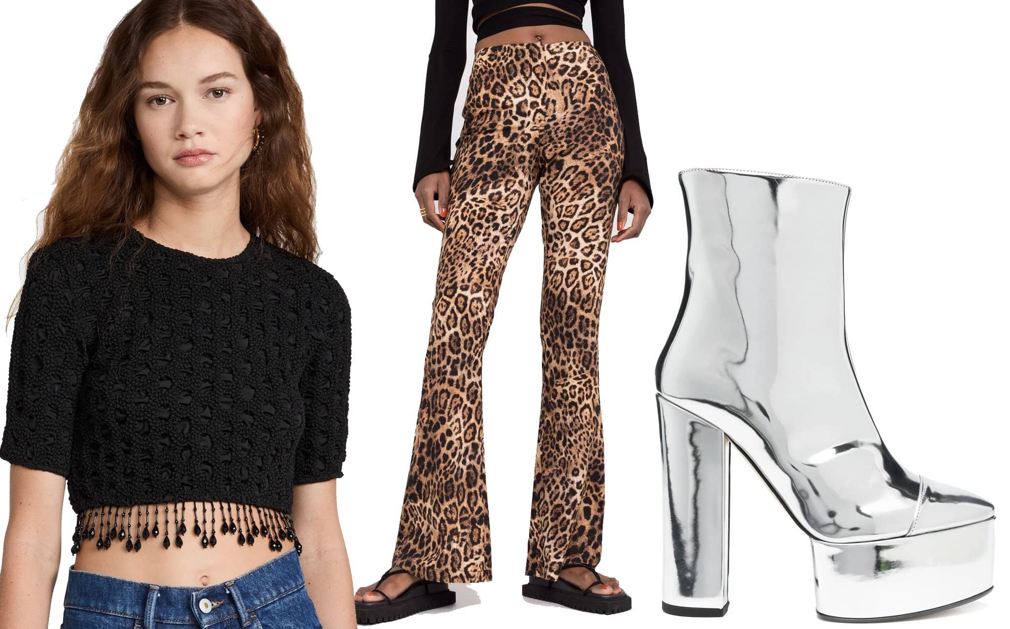 Channel your inner bohemian with a Ganni smocked satin top, Pinko leopard-print flared trousers, and bold Nº21 metallic platform boots for a vintage-inspired look