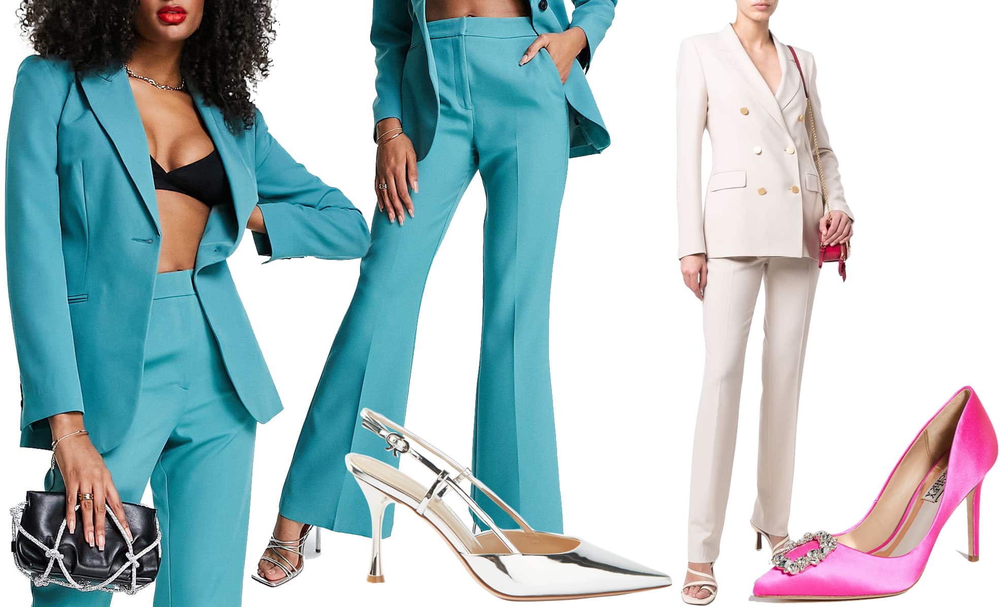 Transform your tailored look with a bold twist: pair an Asos Design pop blazer and wide leg suit trousers with Gianvito Rossi slingback metallic pumps for a modern edge, or opt for a Tagliatore double-breasted two-piece set complemented by Badgley Mischka Cher pink pumps for a chic and feminine finish