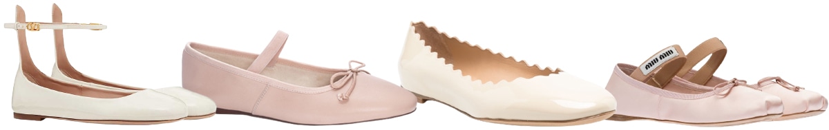 Valentino Garavani Tan-Go Patent Leather Ballerinas; Chinese Laundry Audrey Mary Jane Ballet Flat; Chloe Scallop-Edge Ballet Flat; Miu Miu Logo Strap Ballet Flats