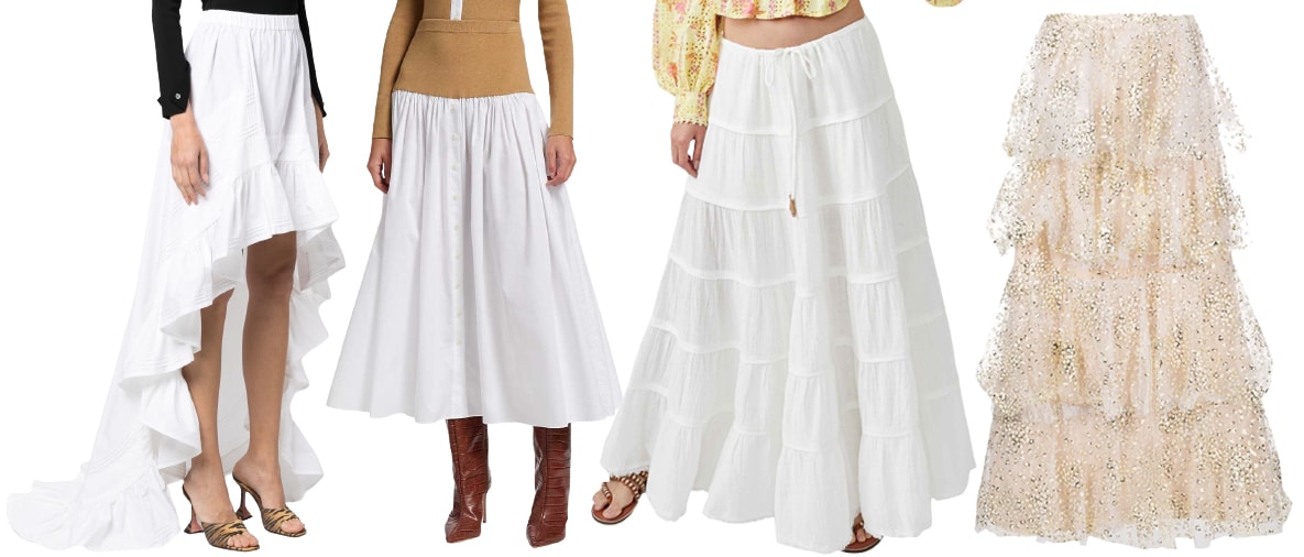 Amen Asymmetric Maxi Skirt, Naadam Mixed-Media Maxi Skirt, Free People Free-est Simply Smitten Tiered Cotton Maxi Skirt, Bambah Sequin-Embellished Ruffled Maxi Skirt