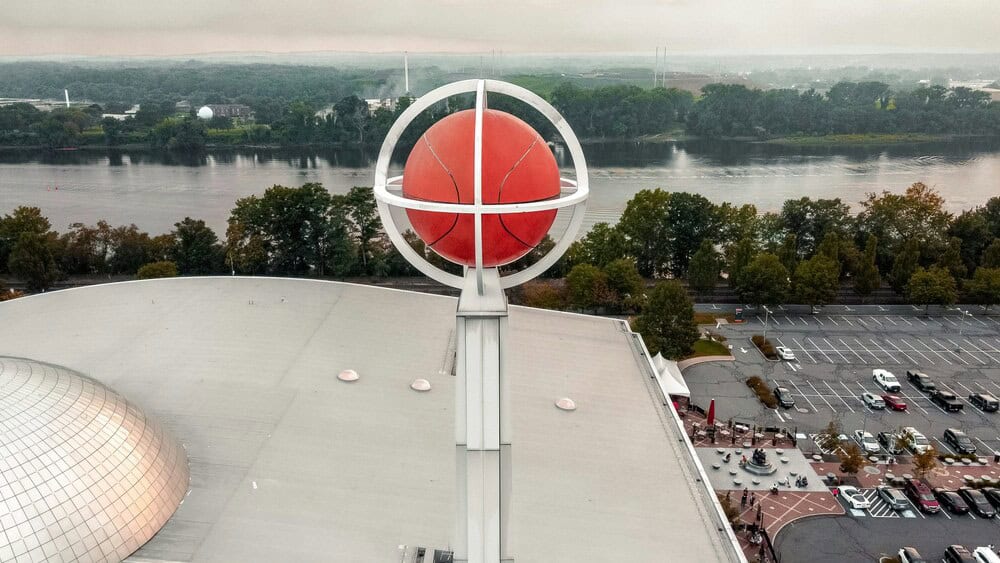 basketball on roof of basketball hall of fame