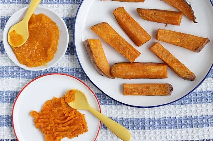 sweet potato puree, wedges, and mash on white plates