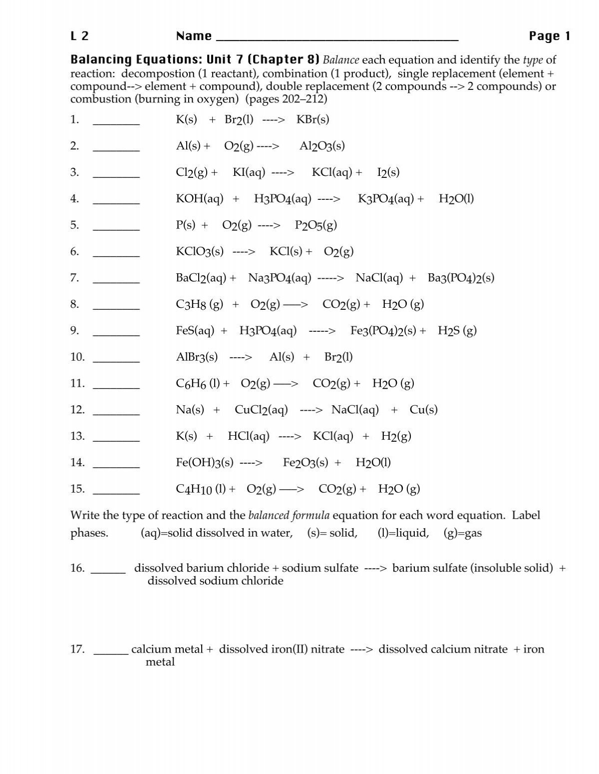 Worksheet Balancing Equations