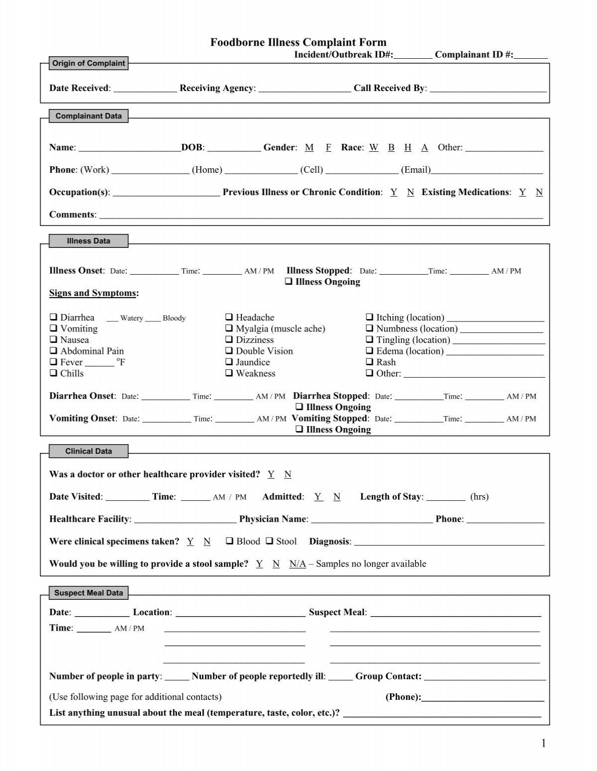 Foodborne Illness Complaint Form