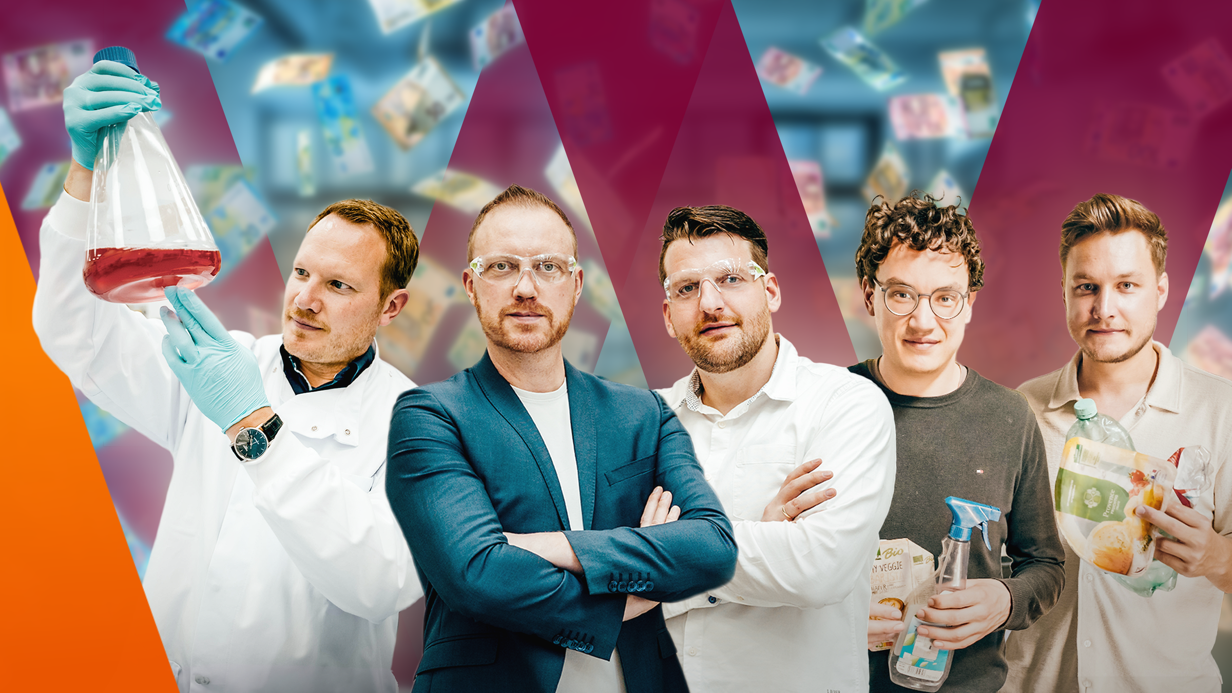 Von links nach rechts: Dr. Sebastian Rakers, Gründer Bluu Seafood; Dr. Kolja Beltrop, Gründer E-Lyte Innovations; Dr. Ralf Wagner, Gründer E-Lyte Innovations; Johannes Laier, Gründer WeSort.AI; Nathanael Laier, Gründer WeSort.AI 