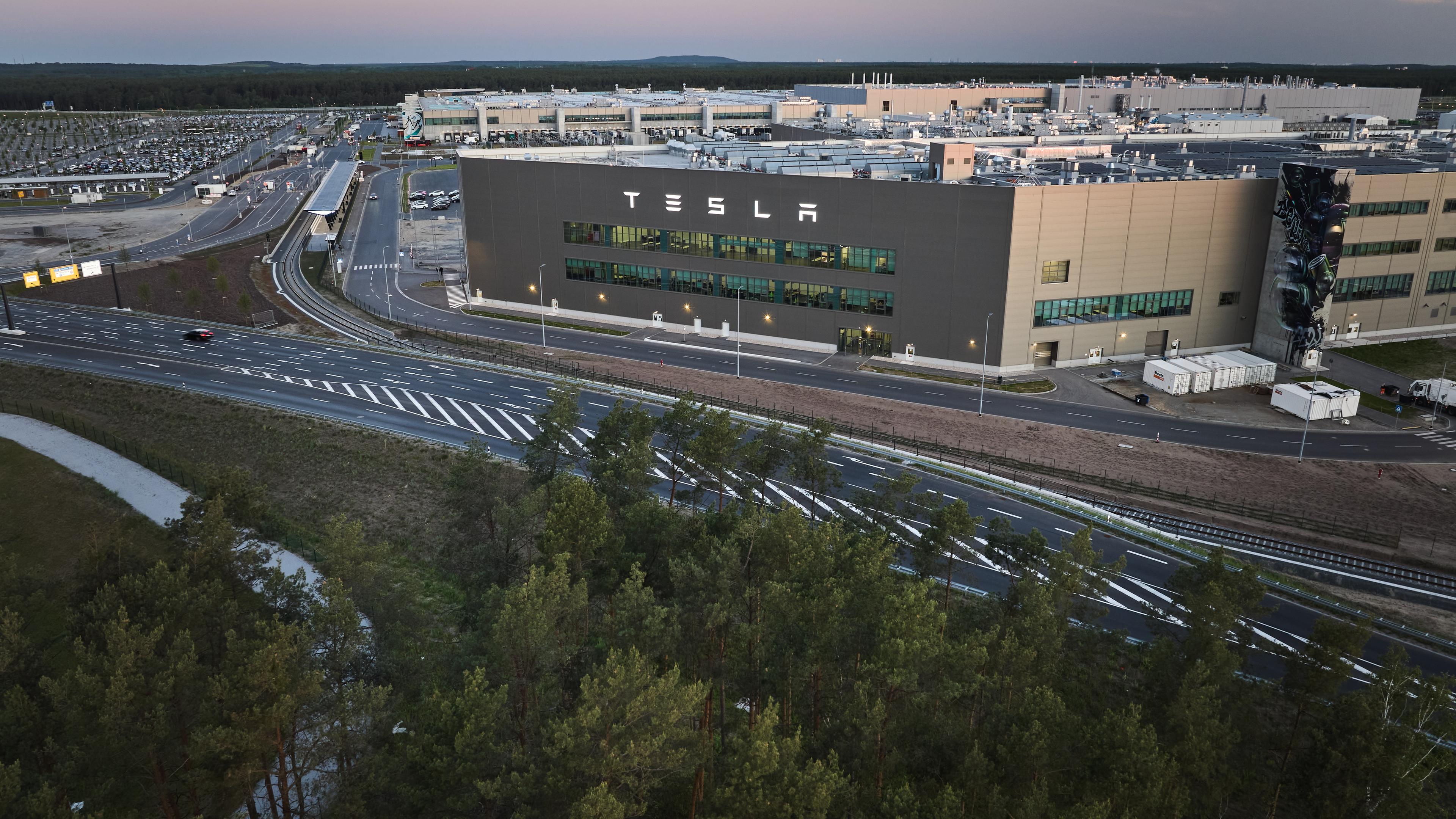 Brandenburg, Grünheide: Blick am frühen Morgen auf ein kleines Waldstück im Vordergrund und dem Tesla-Werk im Hintergrund.