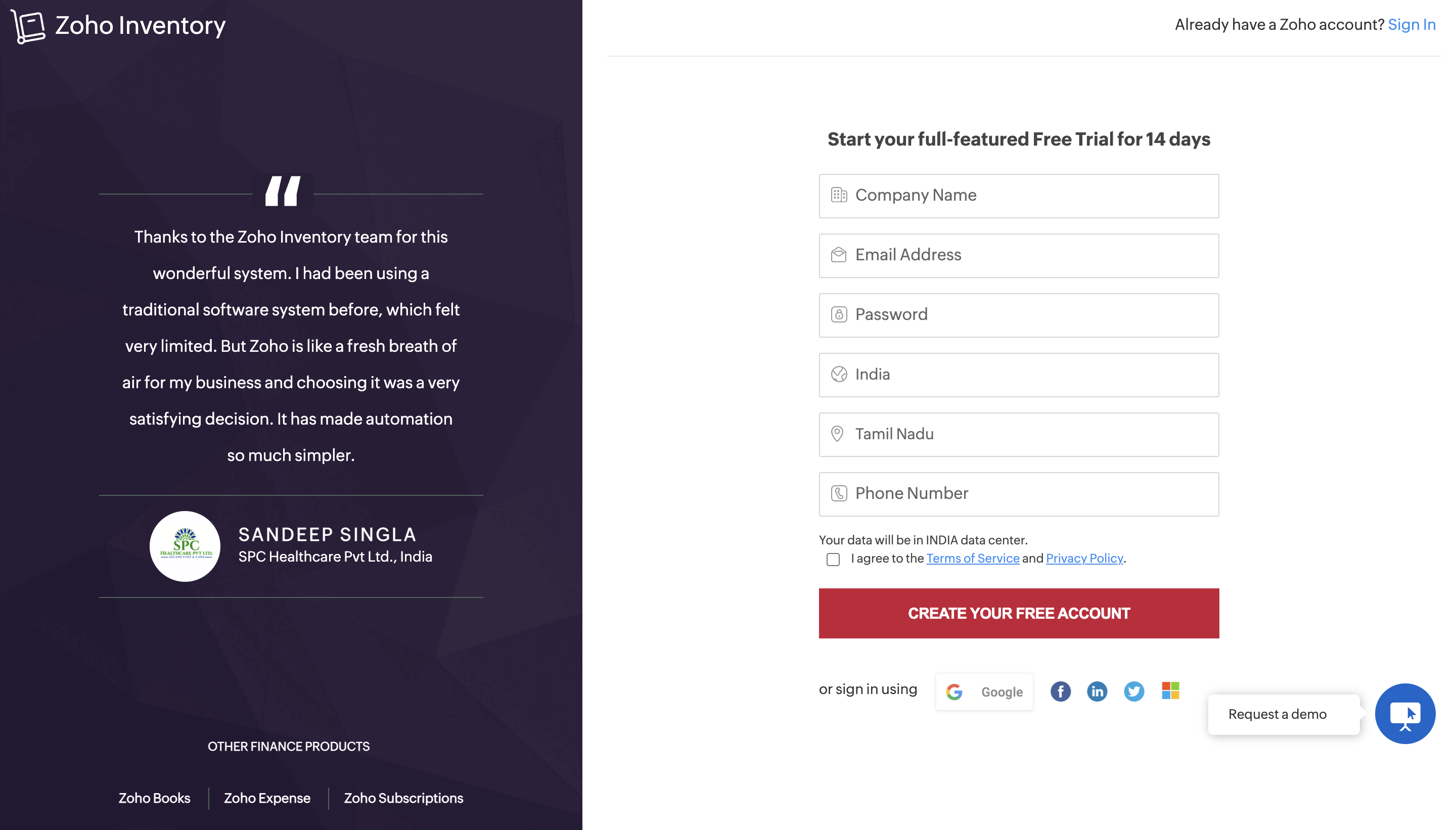 Zoho Inventory sign up page