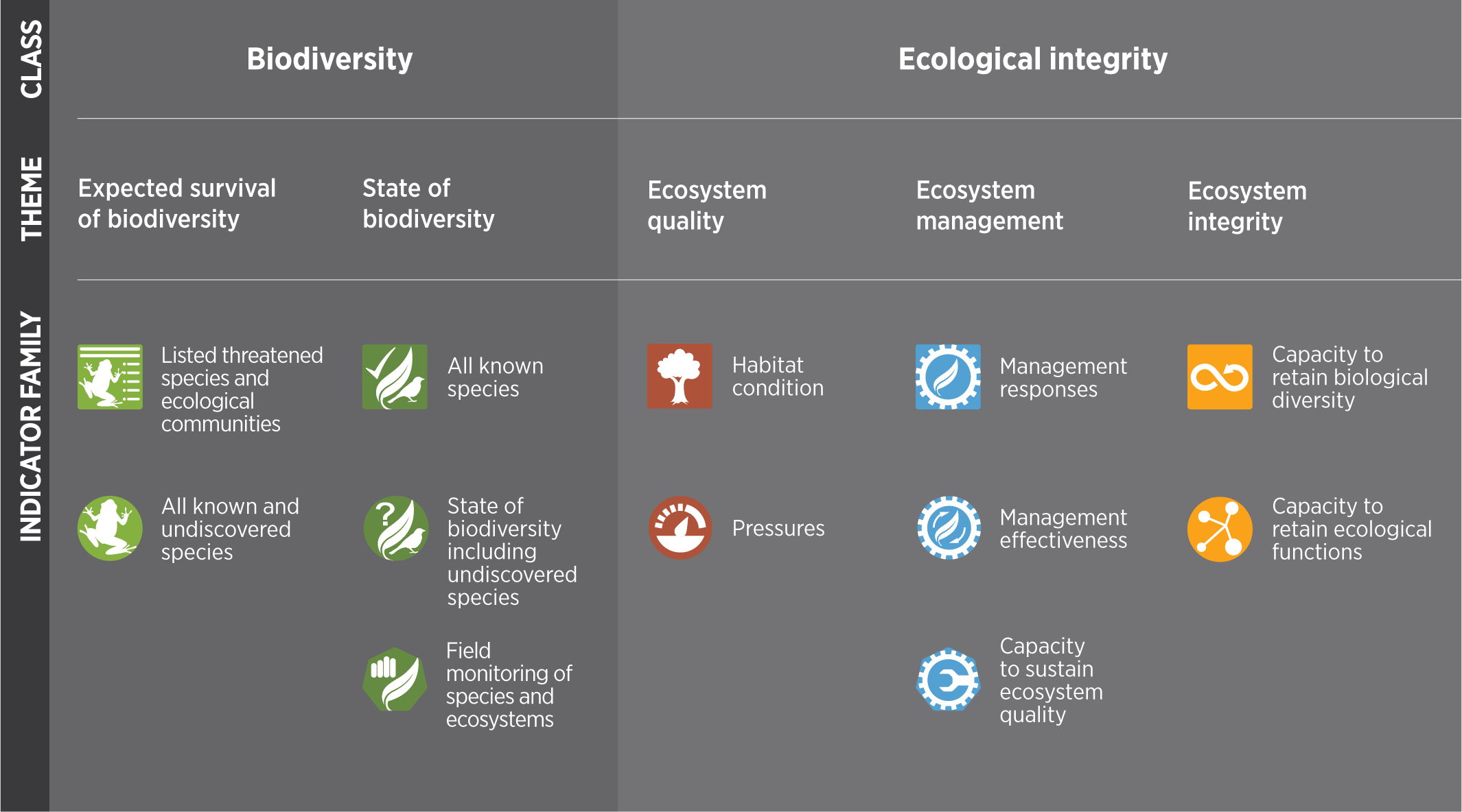 Hierarchy of biodiversity classes, themes and indicators (explained in page content)