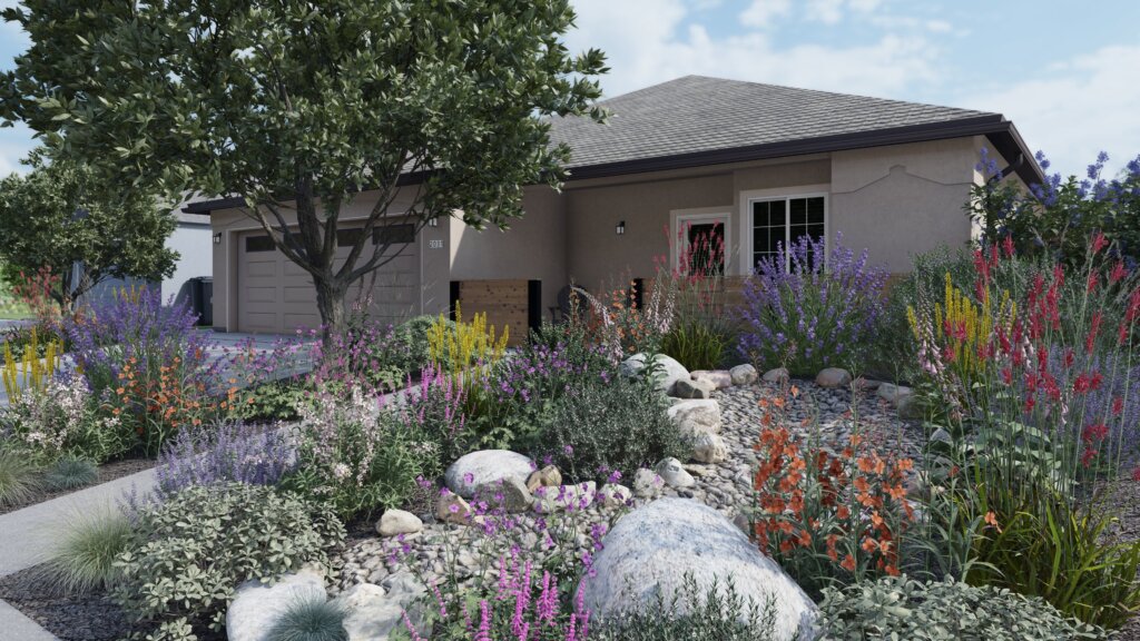 Front yard full of colorful wildflowers, statement boulders, a dry creek bed full of stone -- all in front of a light tan home