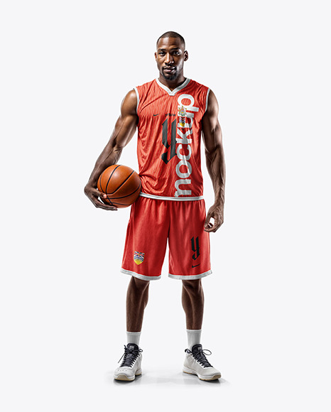 Bald Black Man Wearing a Full Basketball Kit with Ball Mockup - Tank top mockup