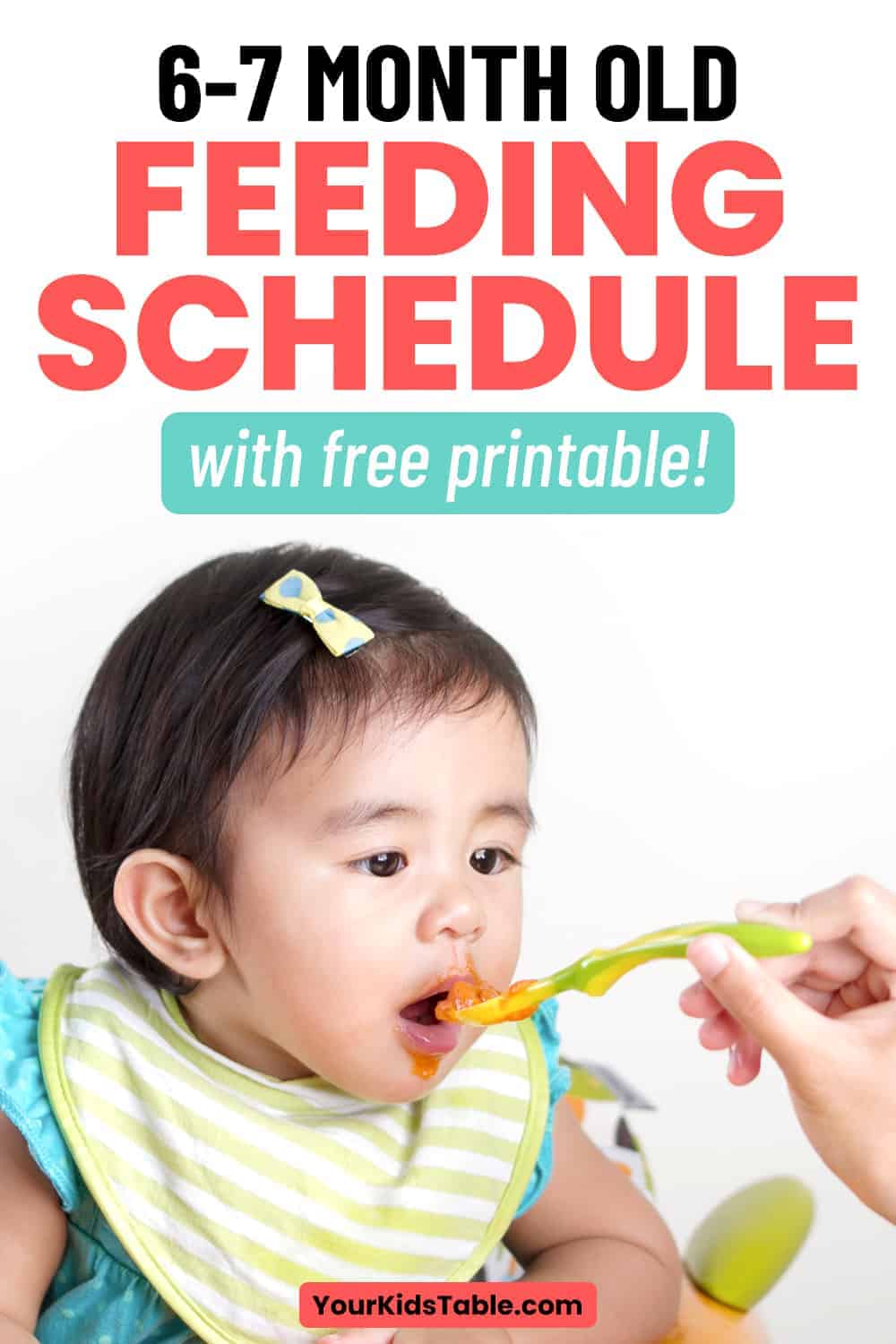 Get a printable 6 month old feeding schedule with helpful tips to use and adjust for your baby through the end of their 7th month. And, grab some bonus feeding tips that will help you safely and confidently feed your baby!