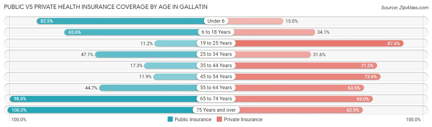 Public vs Private Health Insurance Coverage by Age in Gallatin