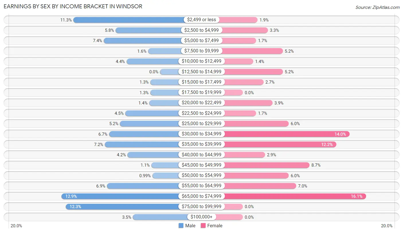 Earnings by Sex by Income Bracket in Windsor