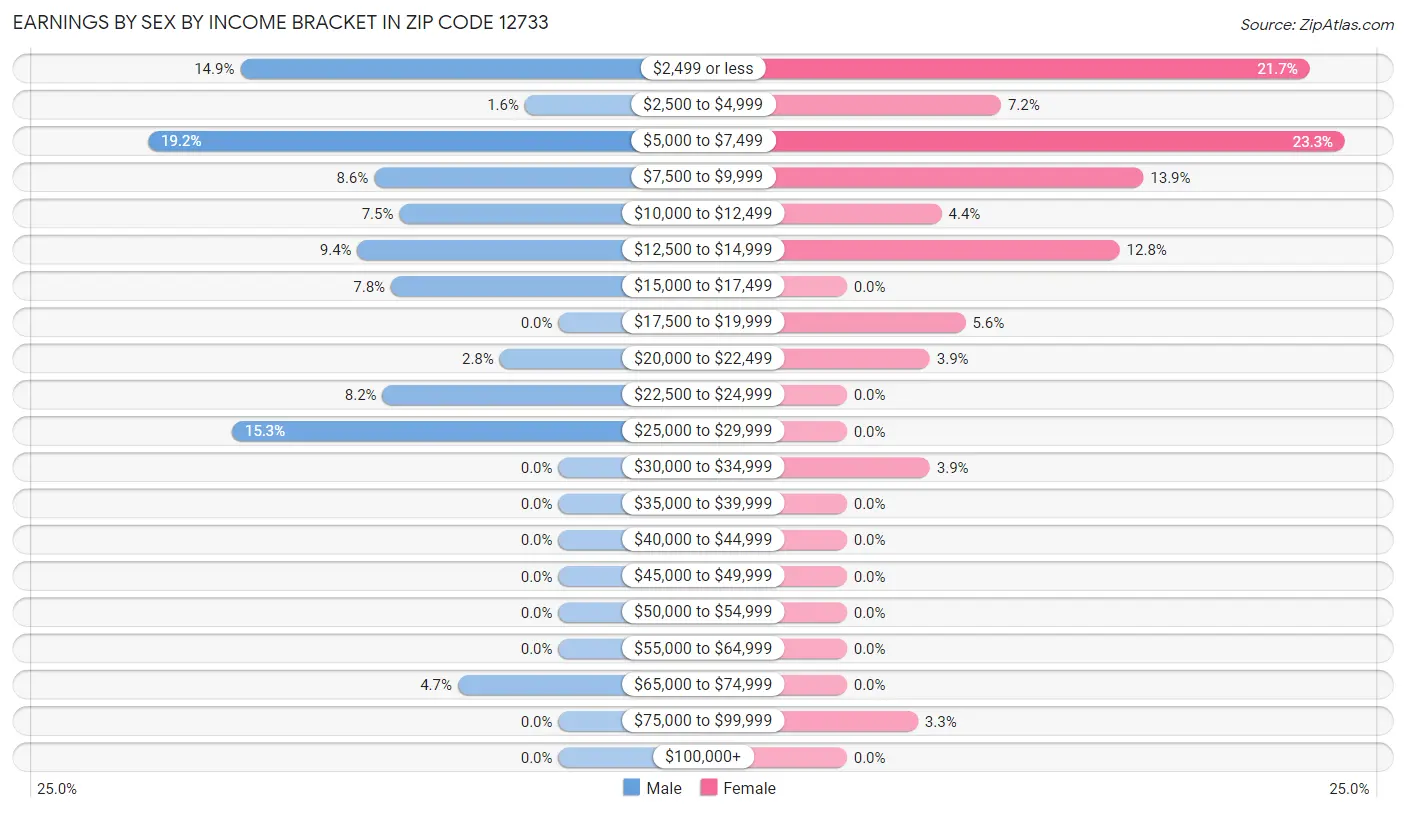 Earnings by Sex by Income Bracket in Zip Code 12733