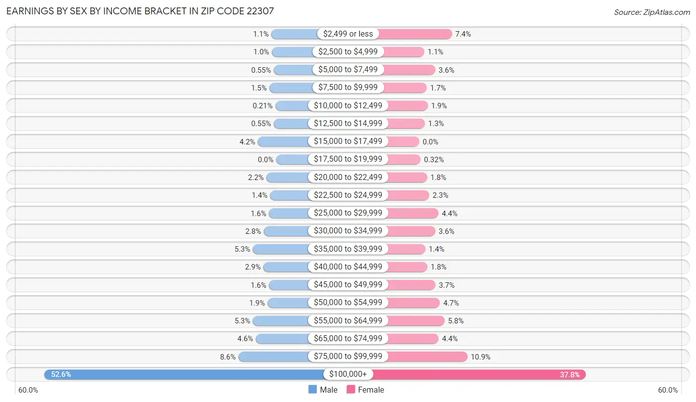 Earnings by Sex by Income Bracket in Zip Code 22307