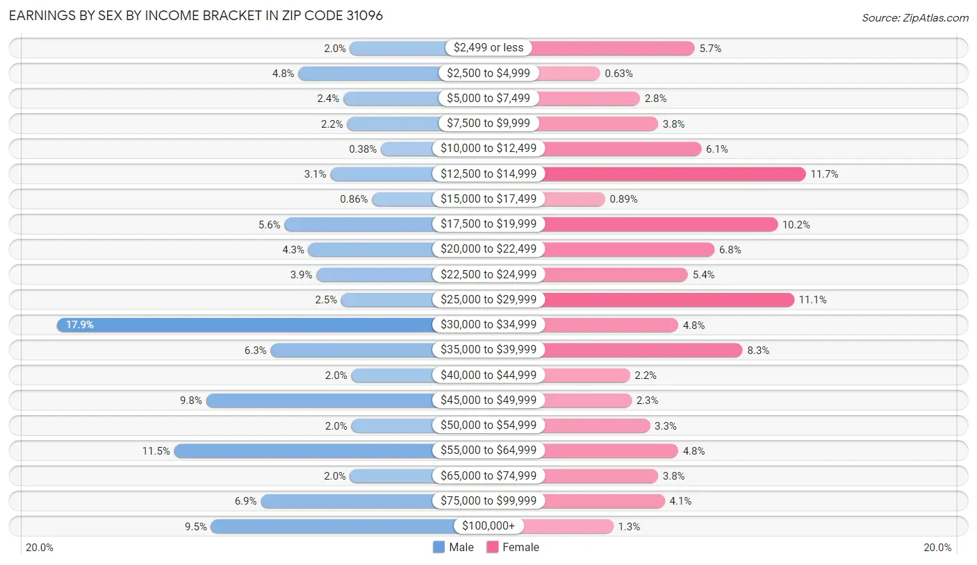 Earnings by Sex by Income Bracket in Zip Code 31096