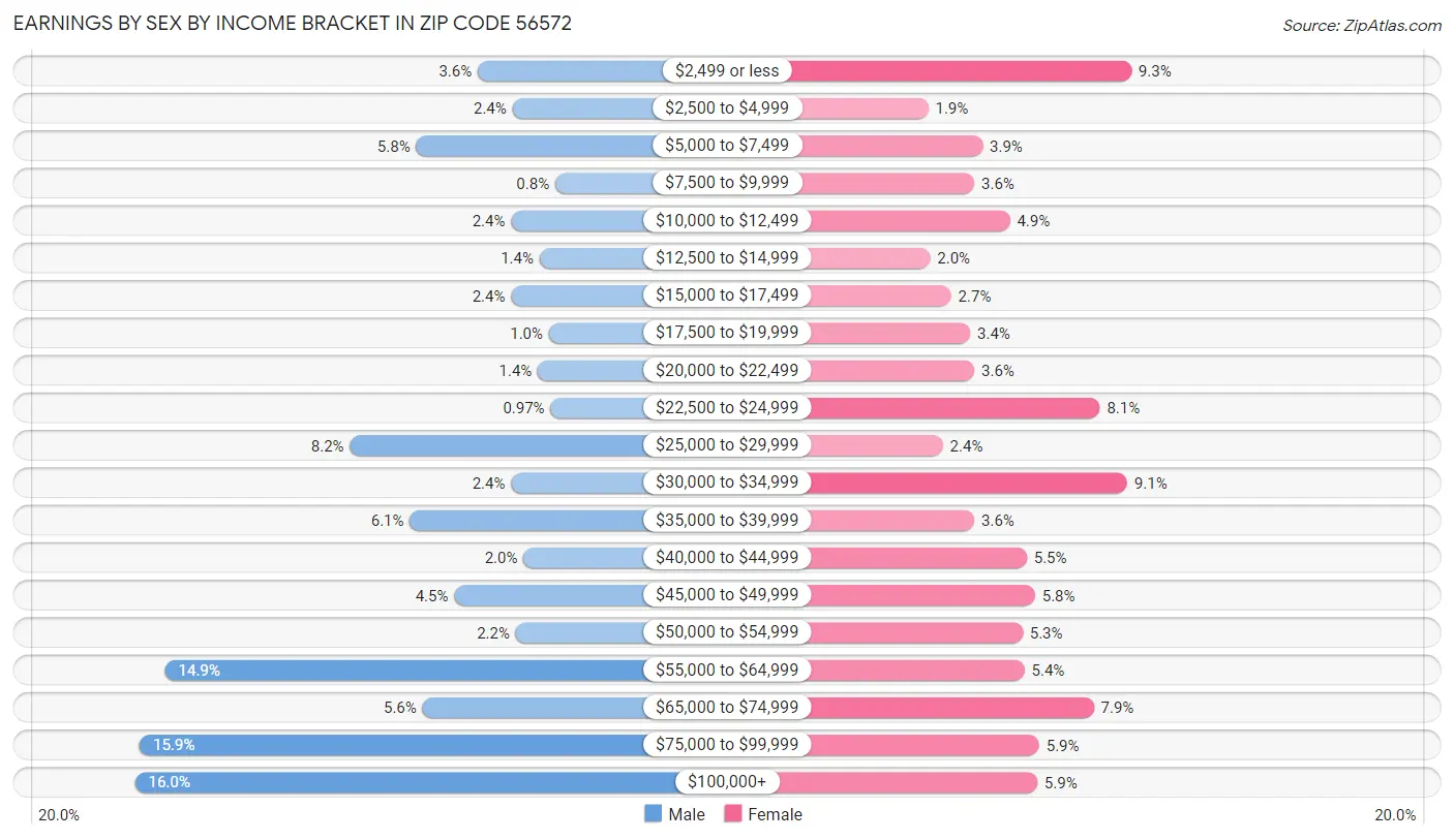 Earnings by Sex by Income Bracket in Zip Code 56572