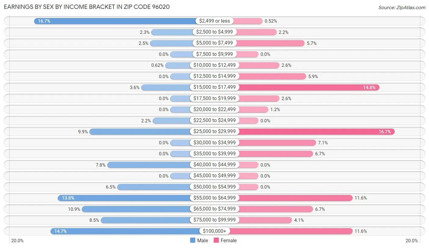 Earnings by Sex by Income Bracket in Zip Code 96020