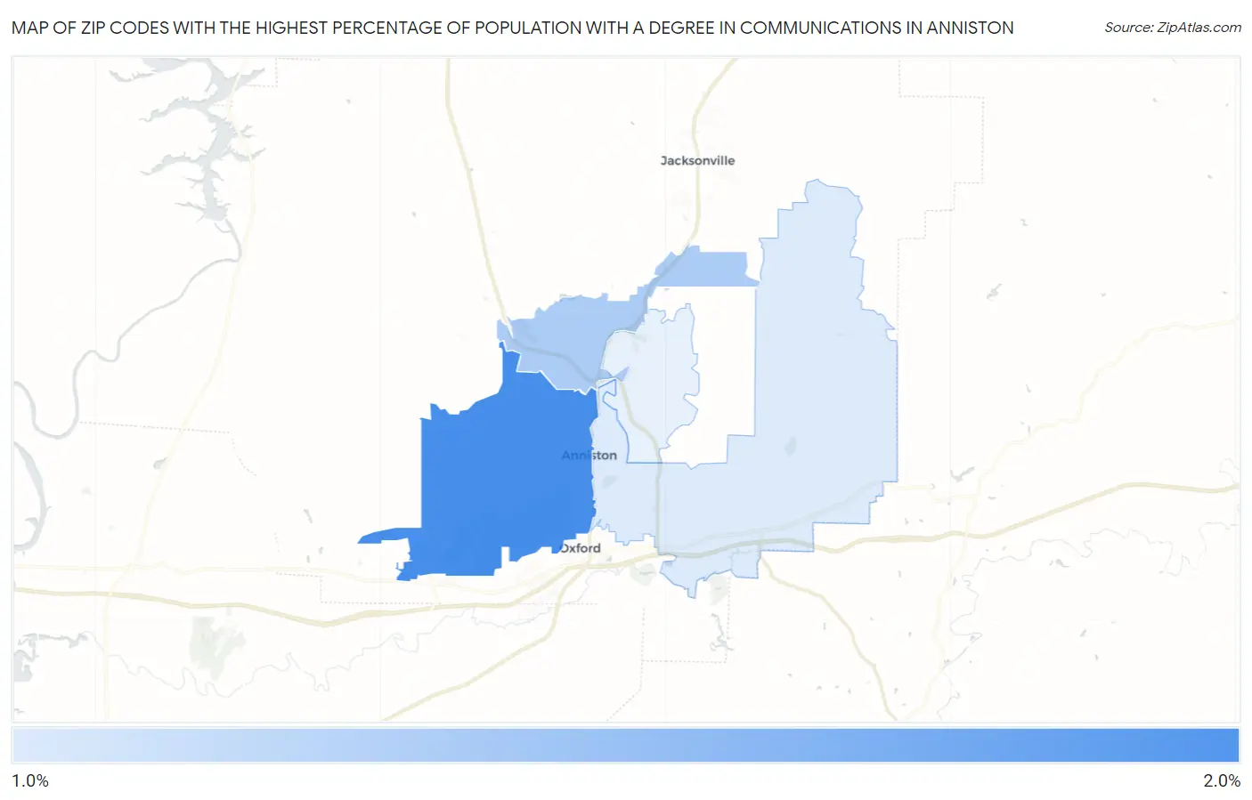 Zip Codes with the Highest Percentage of Population with a Degree in Communications in Anniston Map