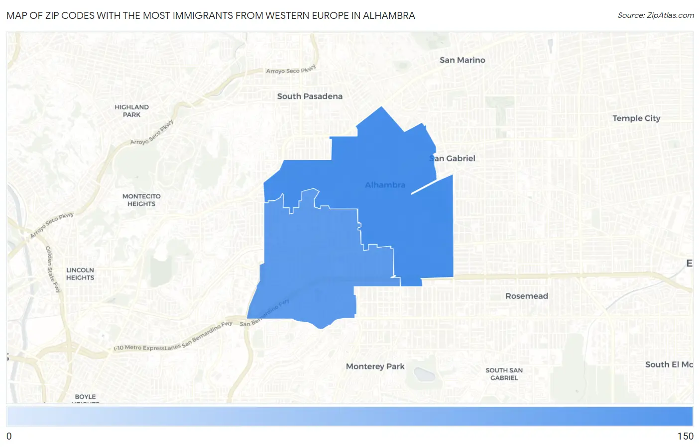 Zip Codes with the Most Immigrants from Western Europe in Alhambra Map