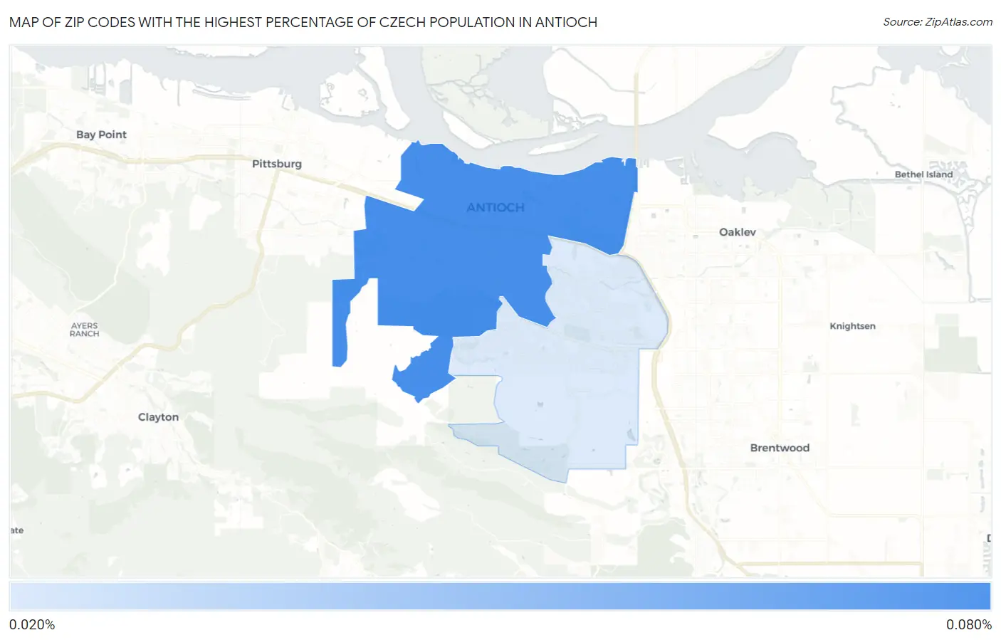Zip Codes with the Highest Percentage of Czech Population in Antioch Map