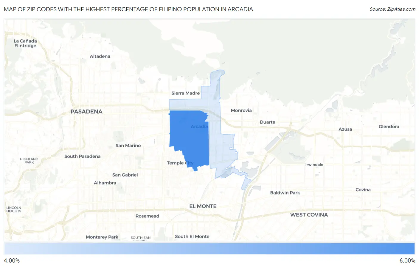 Zip Codes with the Highest Percentage of Filipino Population in Arcadia Map