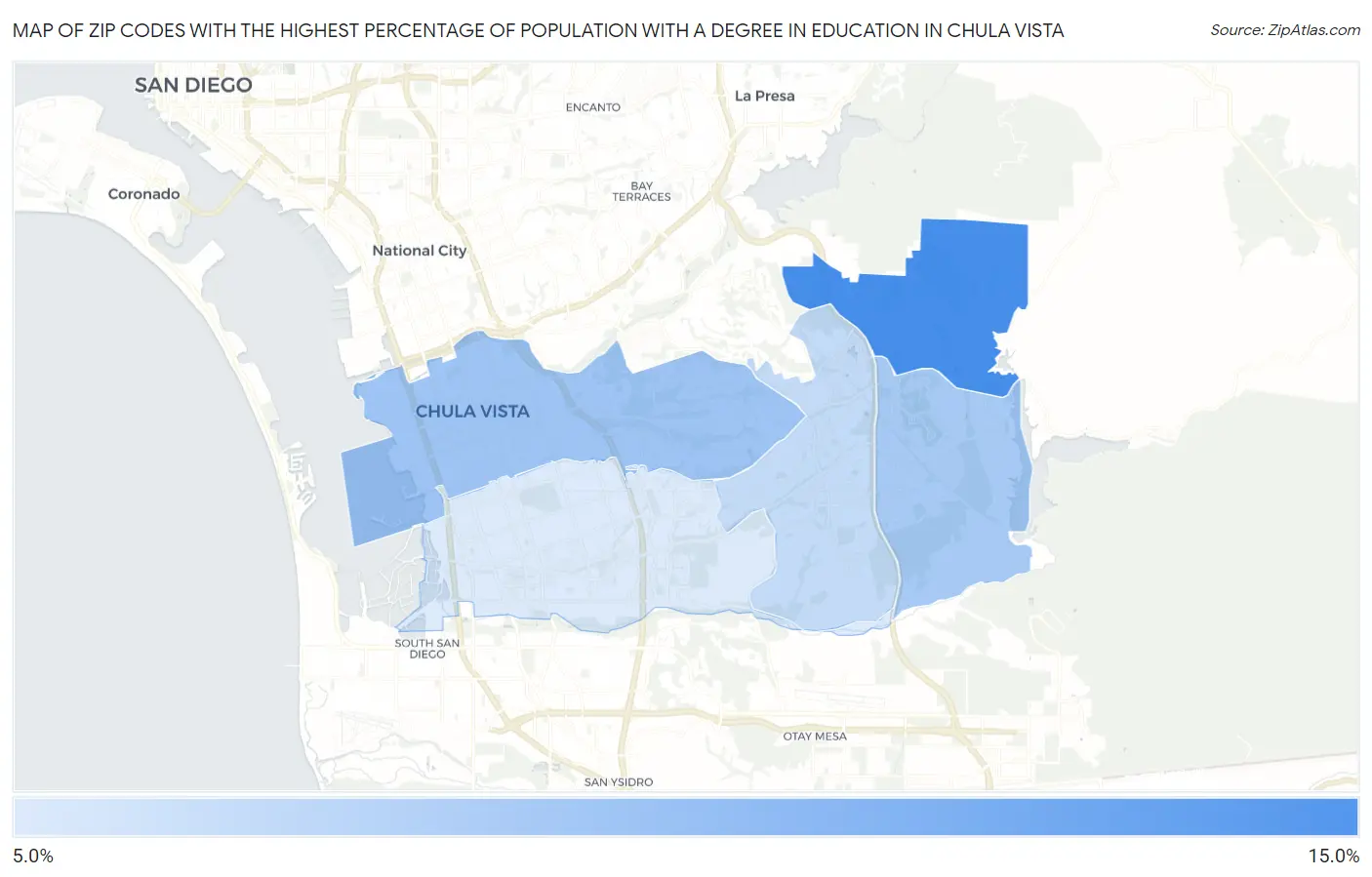 Zip Codes with the Highest Percentage of Population with a Degree in Education in Chula Vista Map