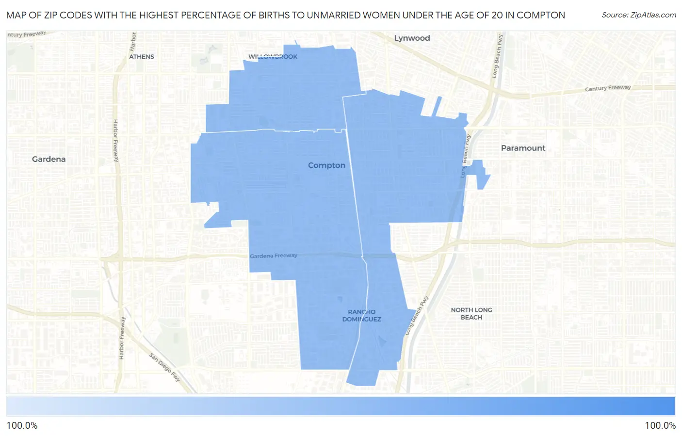 Zip Codes with the Highest Percentage of Births to Unmarried Women under the Age of 20 in Compton Map