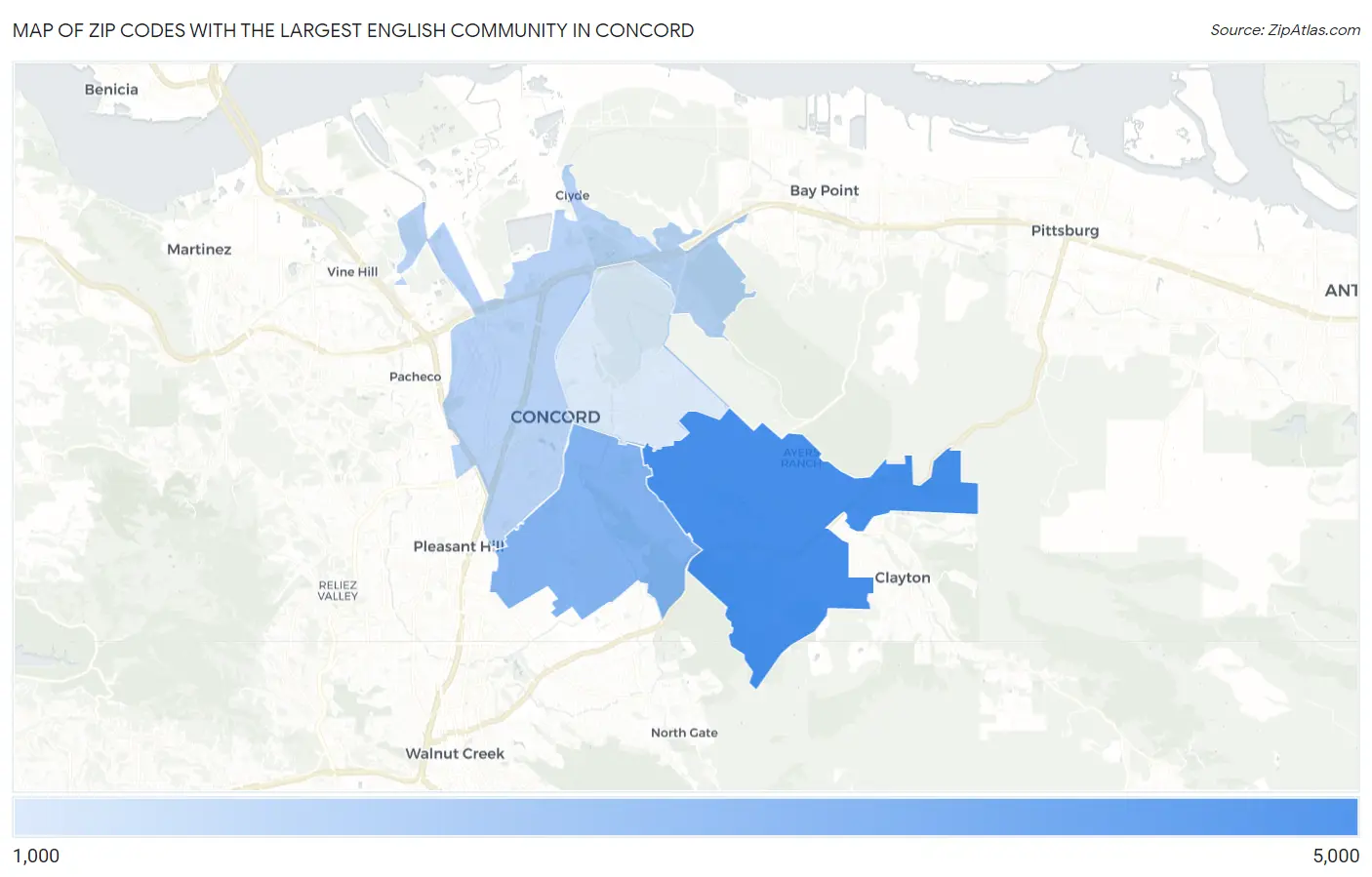 Zip Codes with the Largest English Community in Concord Map