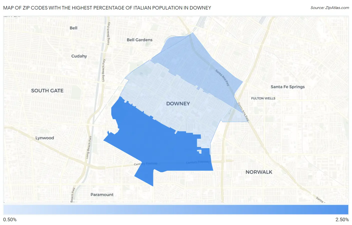 Zip Codes with the Highest Percentage of Italian Population in Downey Map