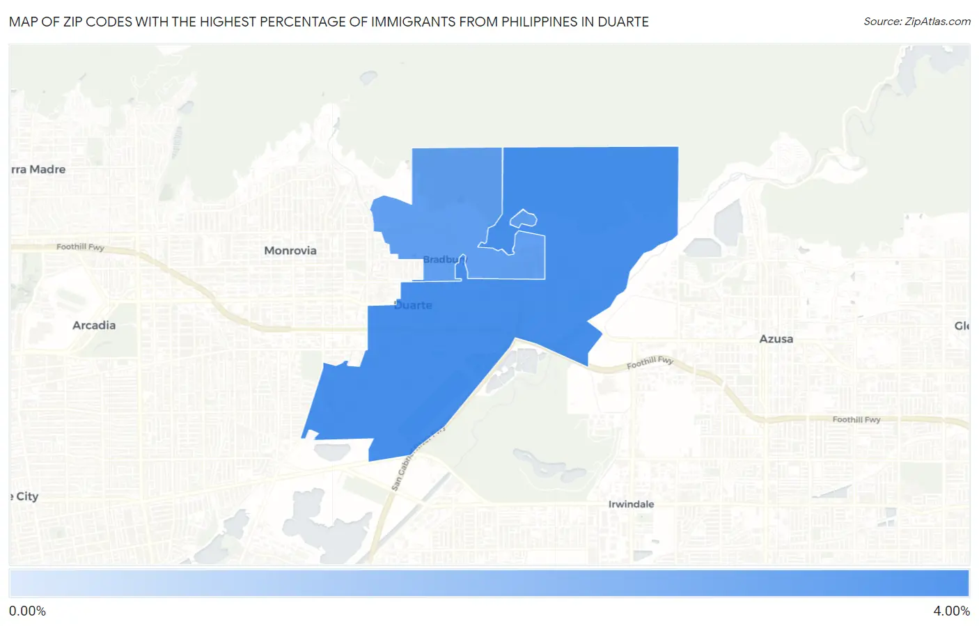 Zip Codes with the Highest Percentage of Immigrants from Philippines in Duarte Map