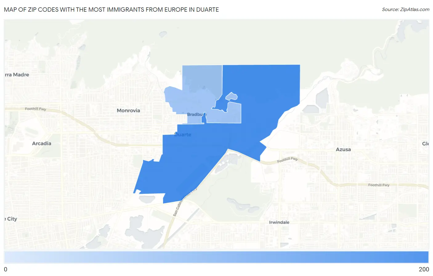 Zip Codes with the Most Immigrants from Europe in Duarte Map