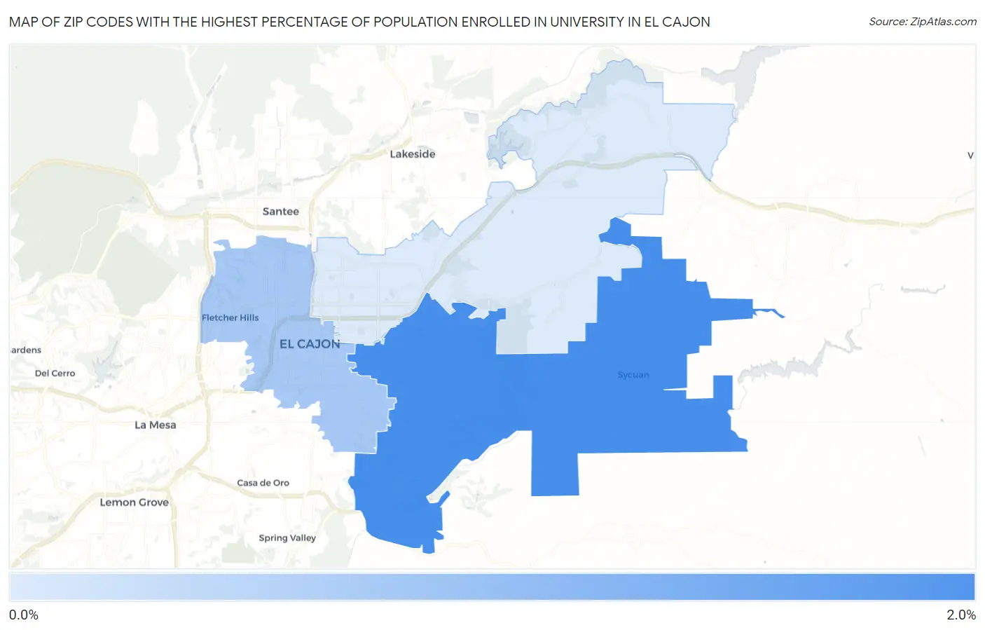 Zip Codes with the Highest Percentage of Population Enrolled in University in El Cajon Map