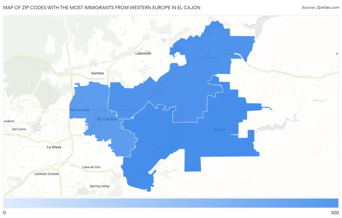 Zip Codes with the Most Immigrants from Western Europe in El Cajon Map