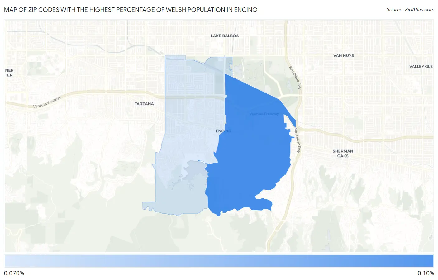 Zip Codes with the Highest Percentage of Welsh Population in Encino Map