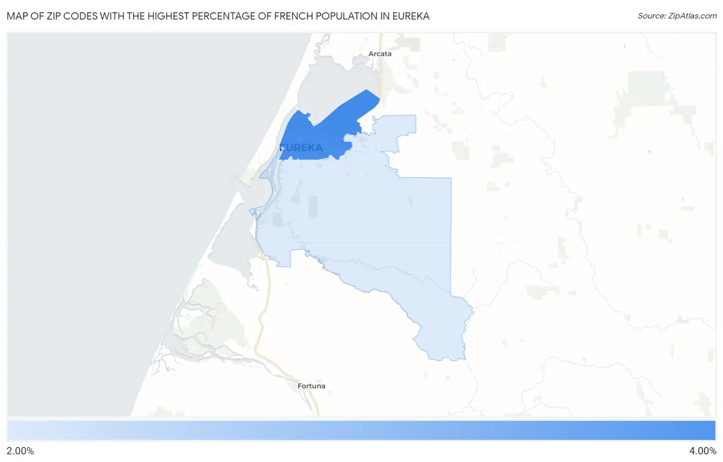 Zip Codes with the Highest Percentage of French Population in Eureka Map