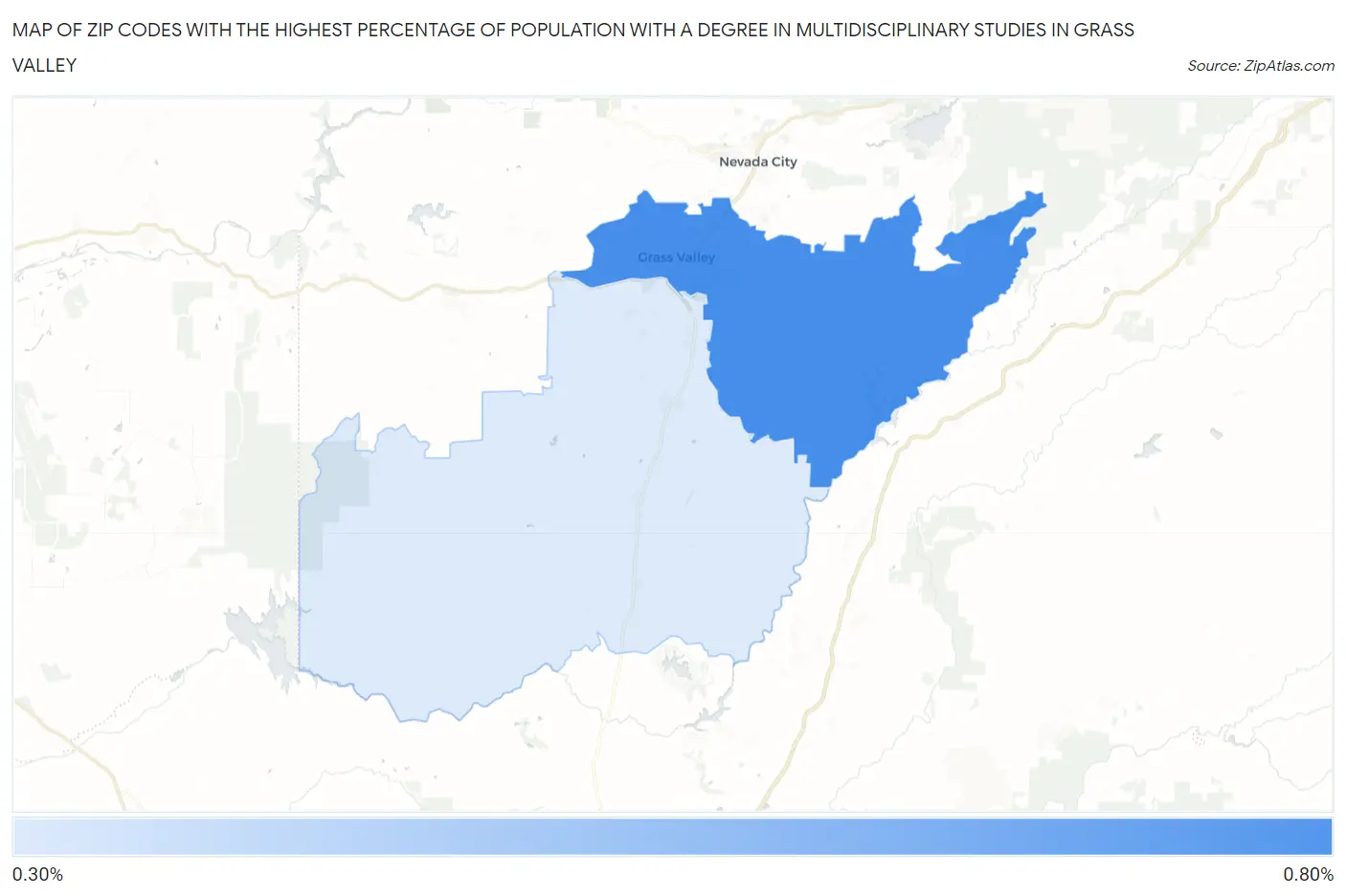 Zip Codes with the Highest Percentage of Population with a Degree in Multidisciplinary Studies in Grass Valley Map