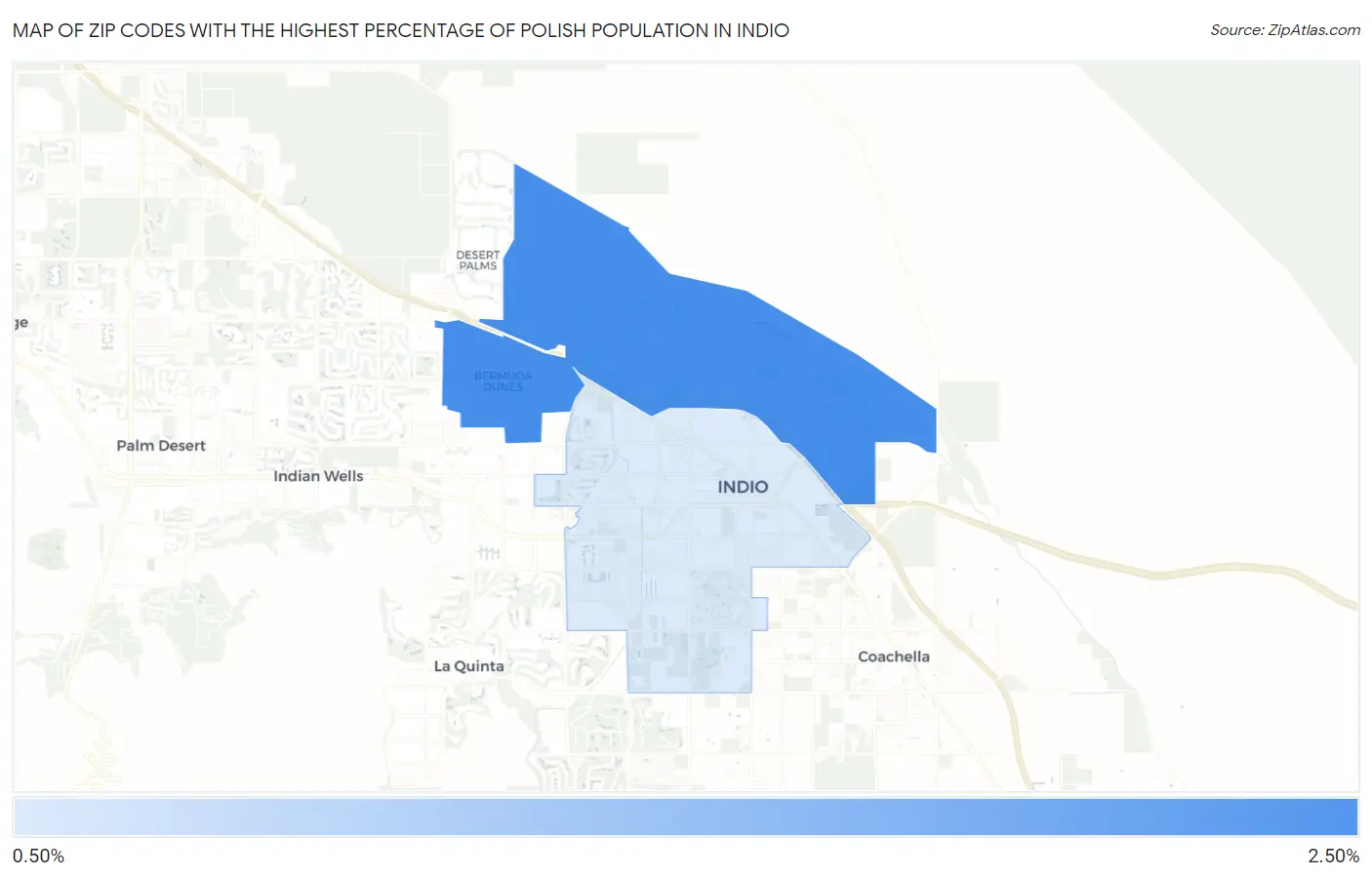 Zip Codes with the Highest Percentage of Polish Population in Indio Map