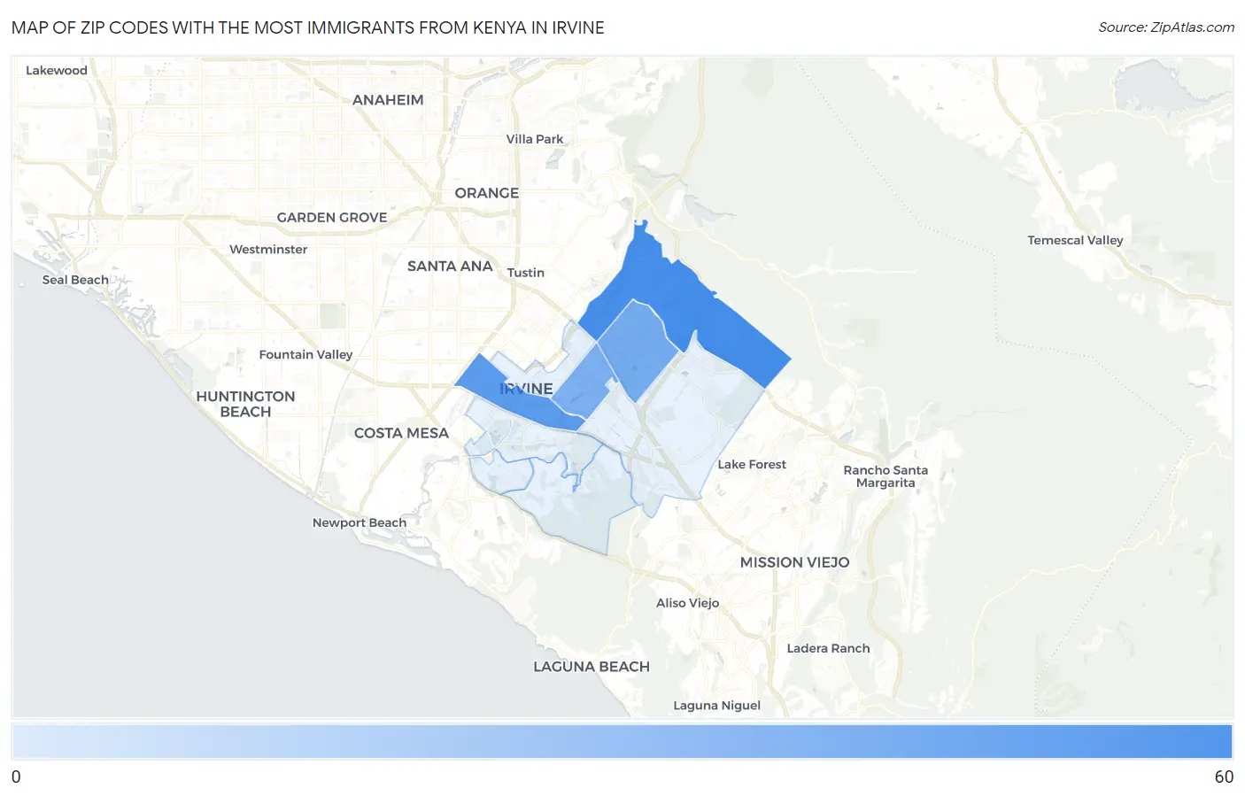 Zip Codes with the Most Immigrants from Kenya in Irvine Map