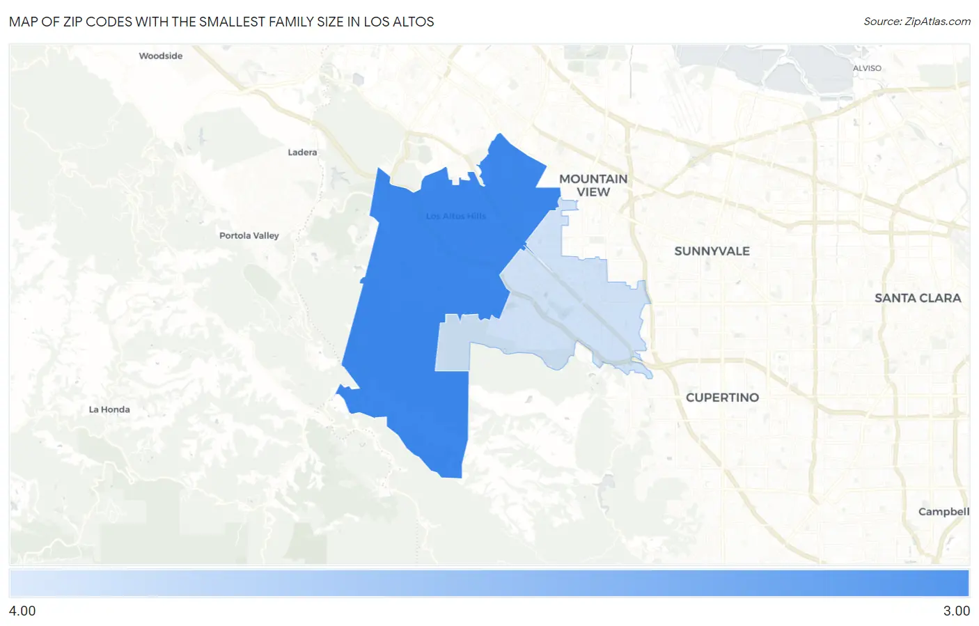 Zip Codes with the Smallest Family Size in Los Altos Map