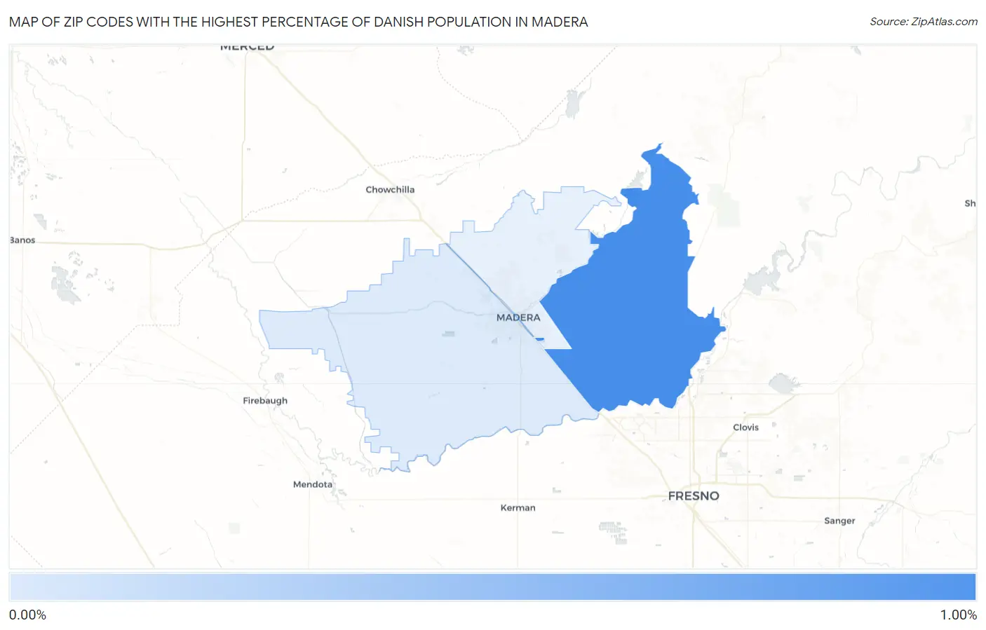 Zip Codes with the Highest Percentage of Danish Population in Madera Map