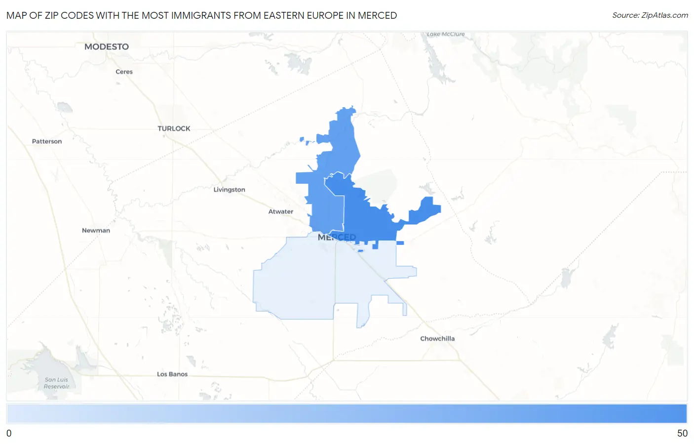 Zip Codes with the Most Immigrants from Eastern Europe in Merced Map