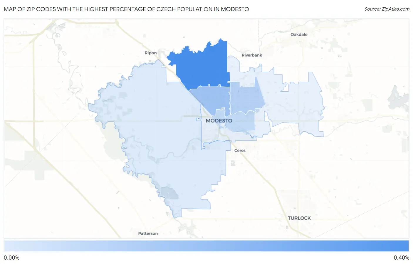 Zip Codes with the Highest Percentage of Czech Population in Modesto Map