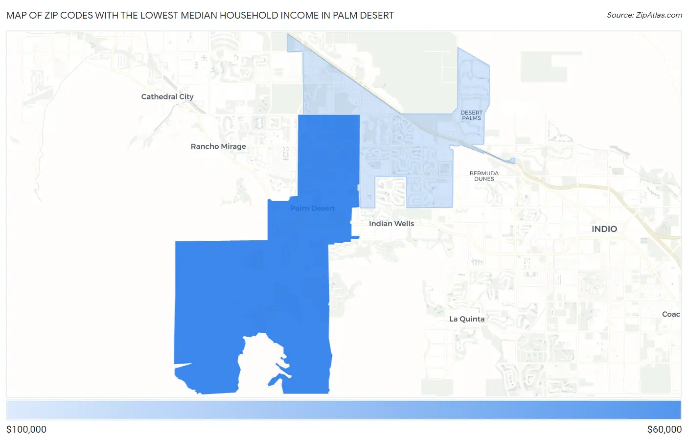 Zip Codes with the Lowest Median Household Income in Palm Desert Map