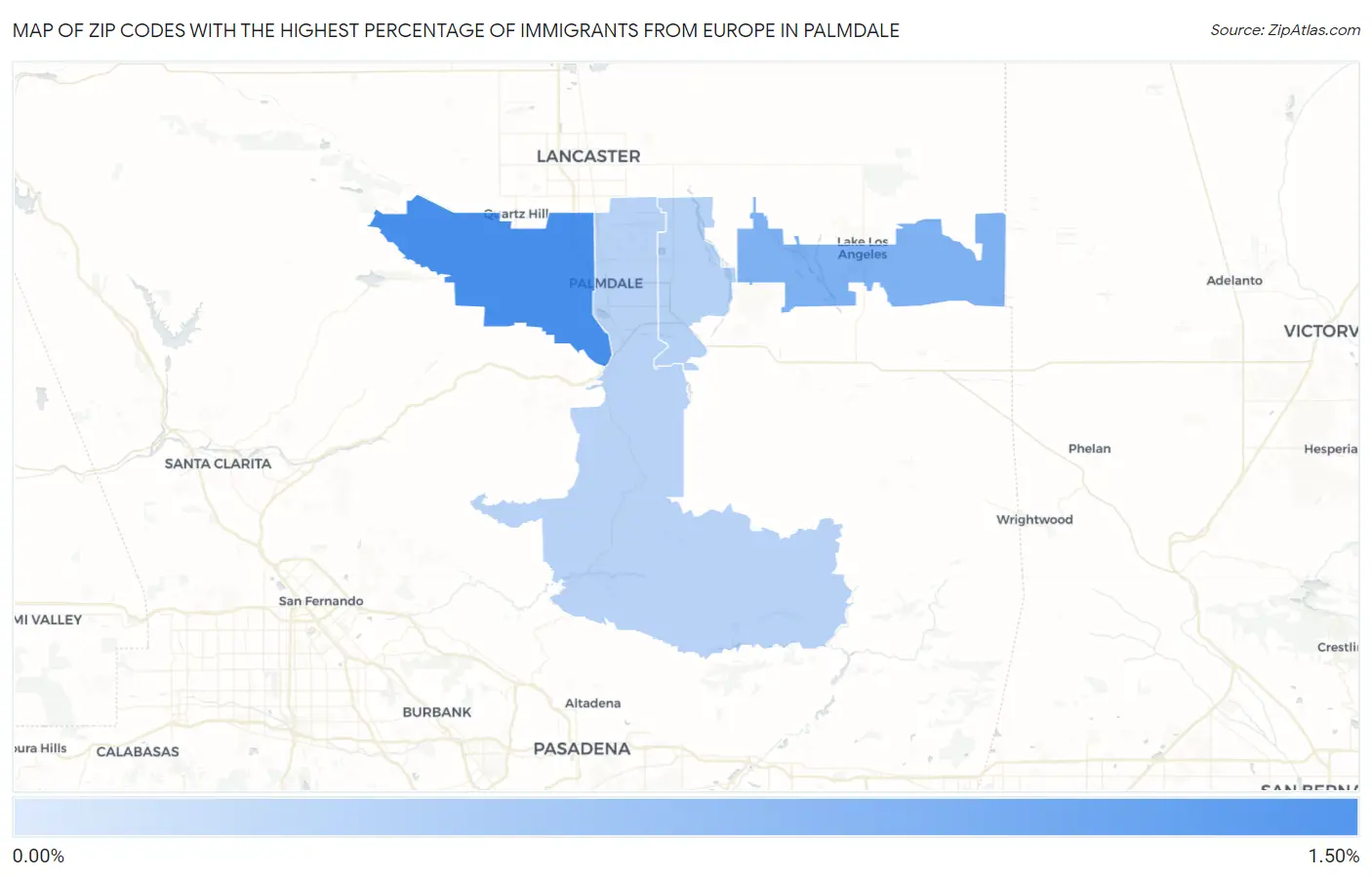 Zip Codes with the Highest Percentage of Immigrants from Europe in Palmdale Map